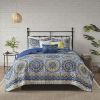 6 Piece Reversible Quilt Set with Throw Pillows Blue Full/Queen