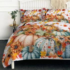 3PCS Colorful Oil Painting Pumpkin Pattern Quilt Set For All Seasons Flower Fall Leaves Bedding Set With 2 Pillowcases For Kids Adults Thanksgiving Da (Option: Queen-Orange)